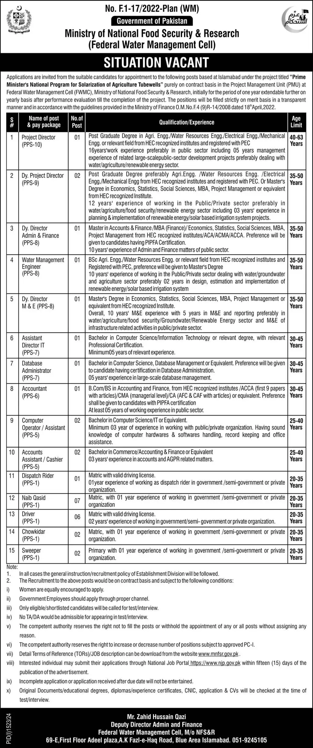 Govt Jobs at Federal Water Management Cell (2)