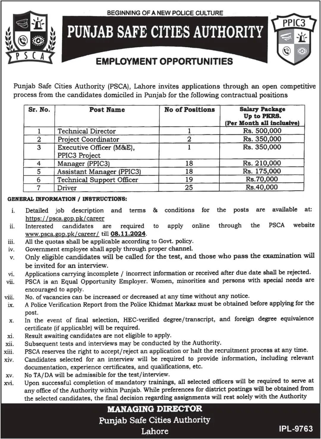 Punjab Safe City Authority PSCA Jobs 2024 ad