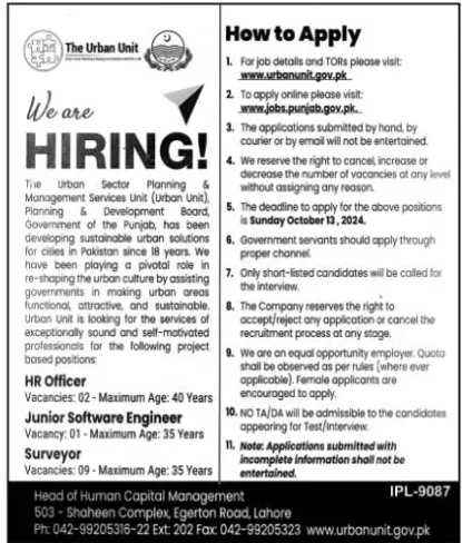 Urban Unit Lahore Jobs ad